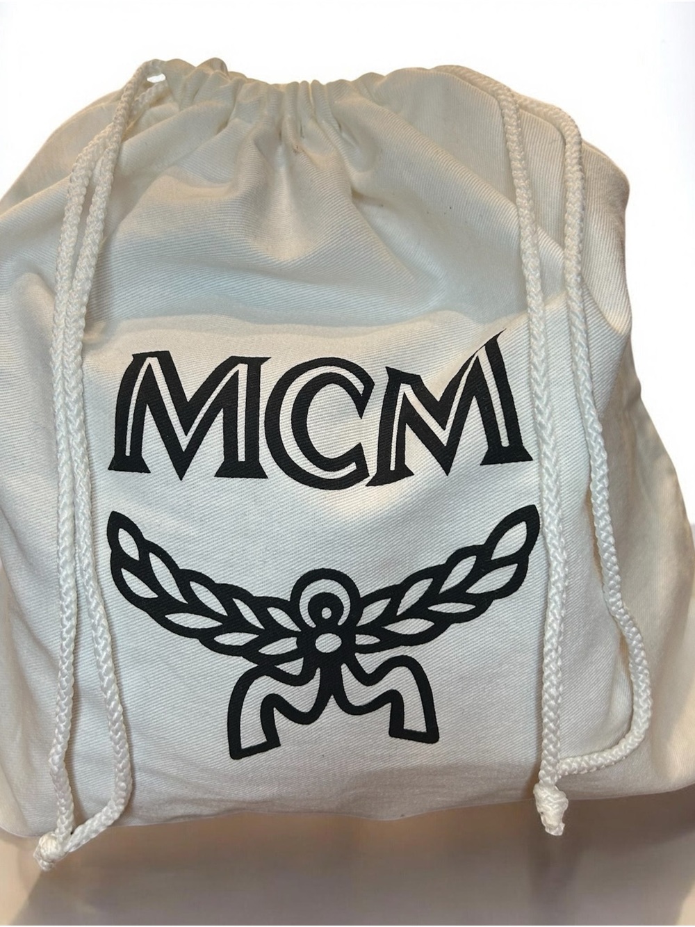 MCM Cream Drawstring Dust Bag with Black Logo - Picture 2 of 5